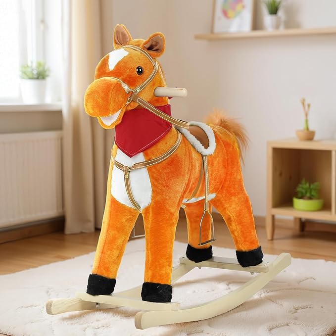 Rocking Horse for Toddlers Ages 1-6, Plush Ride On Toy with Sounds Moving Mouth & Wagging Tail, Interactive Wooden Rocker for Kids, Baby Rocking Chair Toys up to 120kg (Light Brown M)
