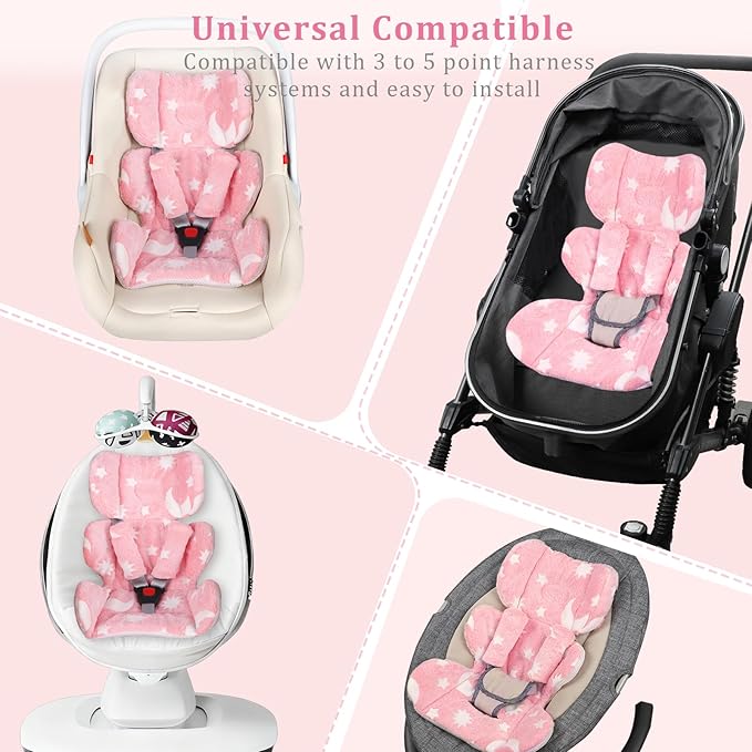 Infant Car Seat Insert Cushion, Baby Car Seat Head Body Support with 2 Extra Strap Paddings, Newborn Car Seat Insert for Baby Girls & Boys, Premature Carseat Cushion, Pink Moon and Star
