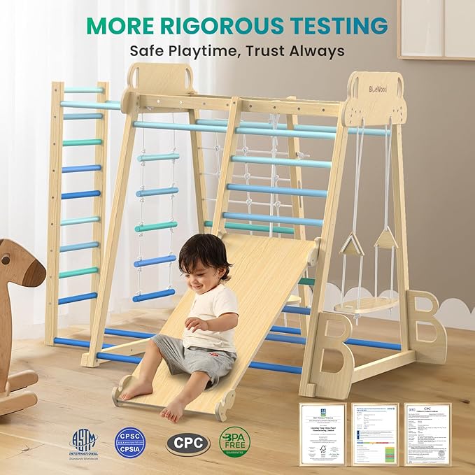 BlueWood Upgraded Indoor Jungle Gym 9-in-1 Playground Kids Climbing Toys, Waldorf Style Wooden Climber Playset with Slide, Swing, Monkey Bars, Upright/Rope Ladder, Climb Net, Blue