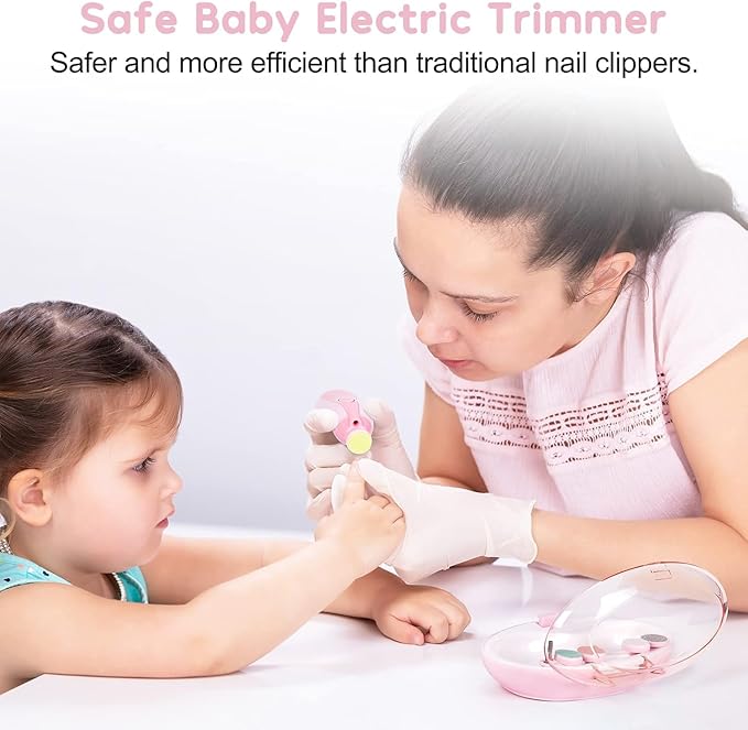 Qunlions life Baby Nail Trimmer File with Light - Safe Electric Nail Clippers Kit for Newborn Infant Toddler Kids Toes and Fingernails - Care, Polish and Trim - Battery Operated (AA), Pink