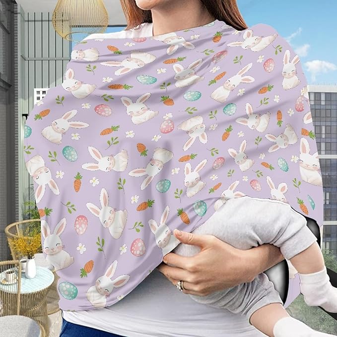 Wanyint Easter Rabbit Eggs Carrot Violet Nursing Cover Carseat Canopy Cover Adorable Car Seat Covers for Babies Girls Boys Breathable Nursing Cover for Boys Girls