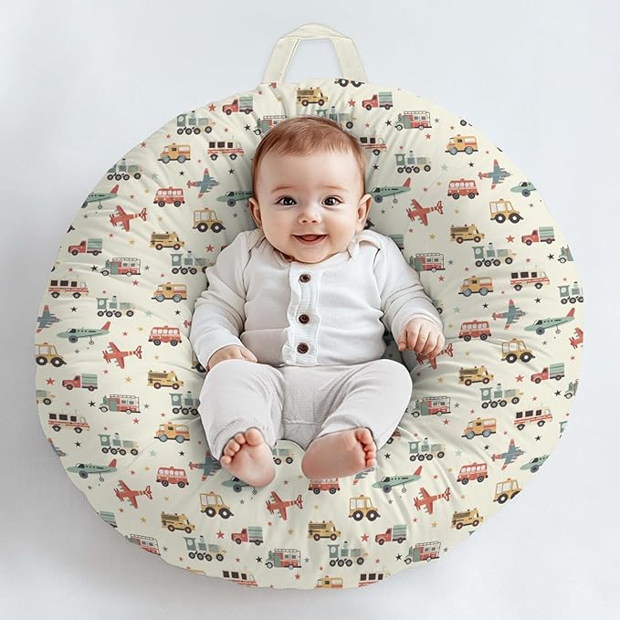 Cartoon Transportation Pattern Baby Lounger Cover, Unisex Plane Car Train Stars Removable Infant Newborn Snug Fit Floorseat Sleeping Lounger Slipcover for Boys Girls Lounger Pillow,Cover Only