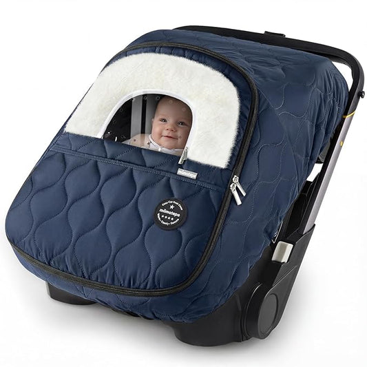 Winter Baby Car Seat Cover, Waterproof, Windproof Warm Winter Car Seat Cover for Doona Car Seats and Strollers,Fleece Breathable Car Seat Cover Baby with Full Zipper, Navy