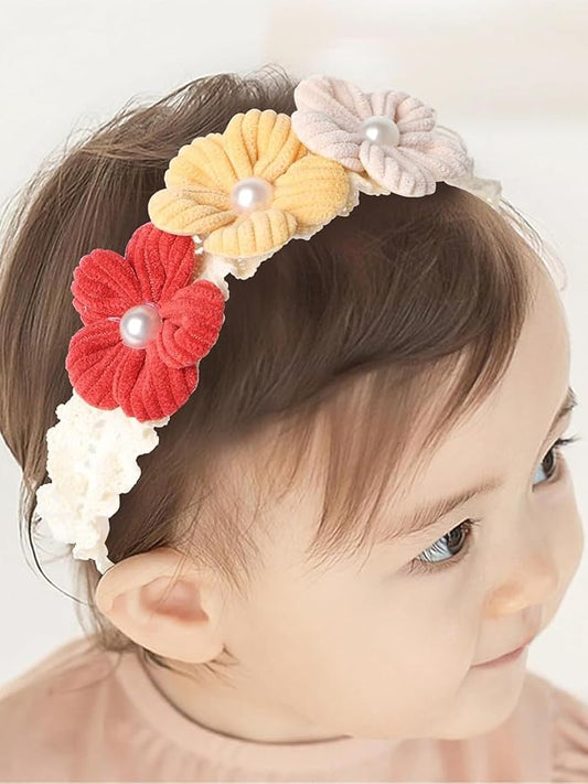 Handmade Baby Girl Headbands in Beige and Pink Lace Flowers for Newborns and Toddlers Cute Baby Girl Flowers and Newborn Headbands (Red yellow and pink flowers, One Size)
