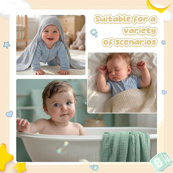 Breling 12 Pcs Muslin Hooded Baby Bath Towel, Hand Towels and Washcloth Set, 36"x 36" Cotton Newborn Bath Towel Cotton Absorbent Blanket Unisex Newborn Gift Essentials for Girl Boy (Blue Series)