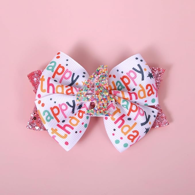 4" Glitter Happy Birthday Hair Bow Clips for Girls Ages 1-6, Pink Ribbon Cheer Bow Barrettes Alligator Hairpins, Confetti Ice Cream Party Dress Accessories, Her 4th Birthday Gift