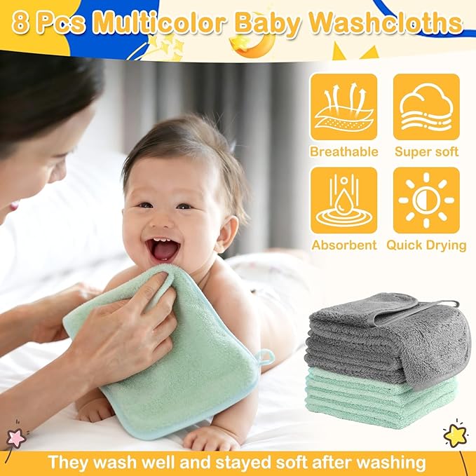 Flasoo 12 Pcs Baby Towel Set, Soft Baby Bath Towels and Washcloths Set, 2 Pcs Hooded Baby Towel, 2 Pcs Baby Burp Cloths and 8 Pcs Baby Washcloths for Infants, Toddlers and Kids (Dinosaurs & Elephants)