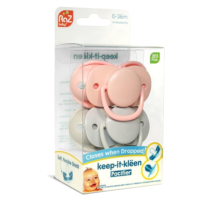 RaZbaby Keep-It-Kleen Baby Pacifier 2-Pack Closes When Dropped - BPA-Free Silicone Orthodontic Nipple, Ideal for Travel, Nipple Stays Clean, 0-36 Months - Pink/Grey