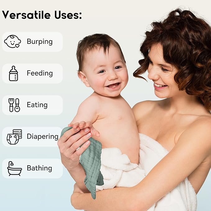 Unnivoll Muslin Burp Cloths Baby 12''X12'', Baby Washcloths 6 Pack, 100% Cotton Baby Wash Cloths Absorbent and Soft for Newborn Infants Kids Boys Girls - Dark Green