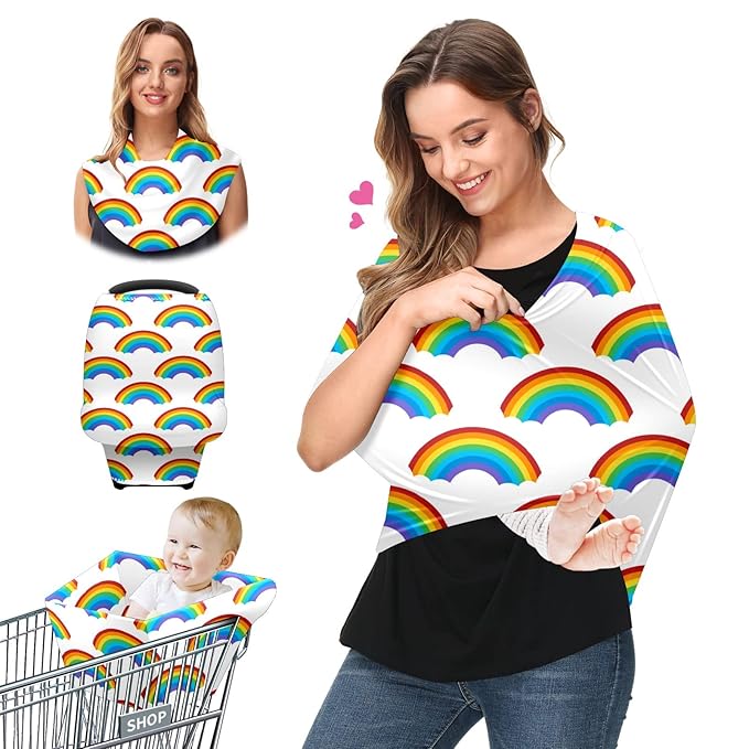 Baby Car Seat Stroller Covers Rainbow Patterns Design Nursing Cover Breastfeeding Scarf Soft Breathable Stretchy Coverage Carseat Canopy Cover for Boys and Girls Soft Breathable Multi Use