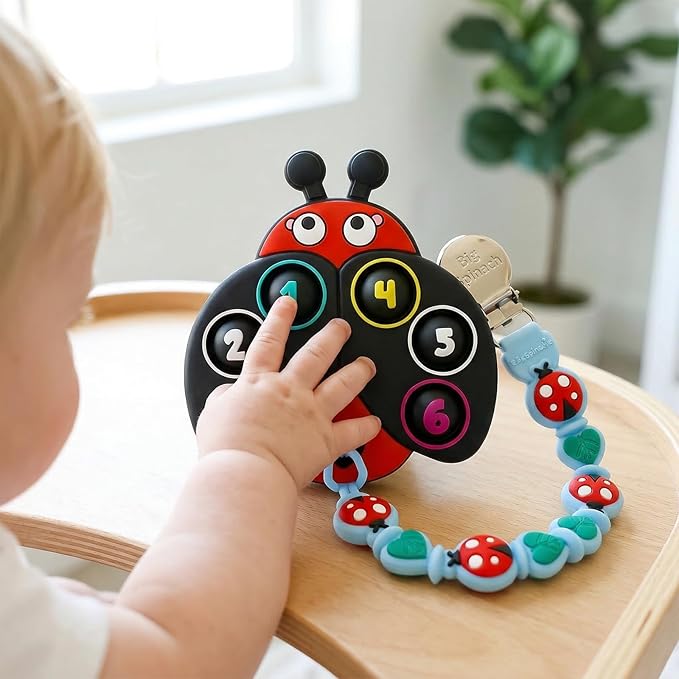 BIGSPINACH Teething Toy & Pacifier Clip Set,Ladybug Pop-It Teether & Pacifier Hold,Multi-Textured Chew Toy with Number Buttons for Early Learning, Baby Teething Relief (Black+Blue)