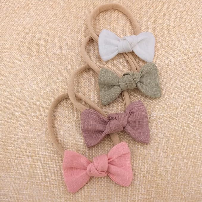Sugarmelon Linen Bow Nylon Headband for Baby Toddler Newborn Infant Hair Bow Elastic Bands for Baby Girls Little Kids Headbands (Linen Mini bow 2.5'')