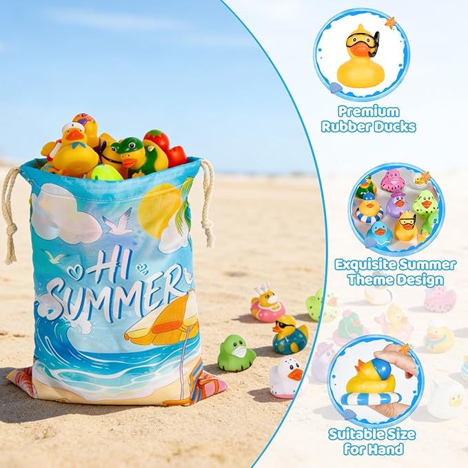 24Pack Summer Rubber Ducks with a Bag, Summer Duck for Jeeps, Assorted Beach Toys for Pool, Duckies Games, Party Favors, Birthday Gifts, Classroom Incentives, Baby Kids Swimming Pool Water Bath Toys