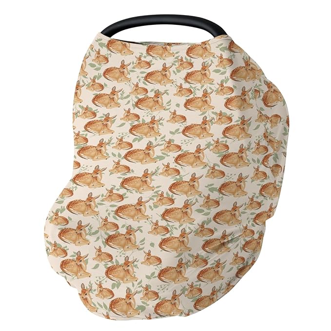Vintage Deer Green Leaves Car Seat Cover for Babies Retro Deer Boho Leaves Stretchy 5-in-1 Cover Adjustable Infant Carseat Cover Canopy Spring Animal Breathable Nursing Cover-Up