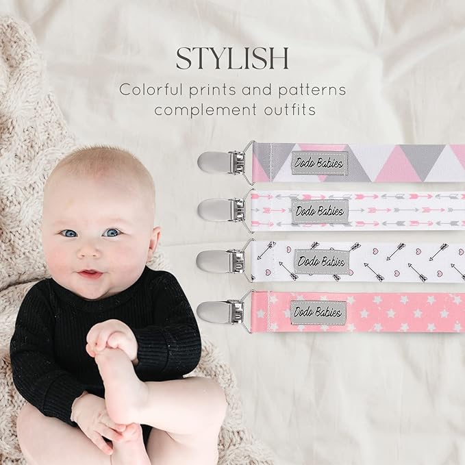 Dodo Babies Pacifier Clip & Case Set - Universal Holder Loop & Pacifier Holder - Secure Binkie Clip for Bibs & Car Seat - Durable Water-Resistant Straps for Baby Essentials - 5-Piece Set, Pink & Gray