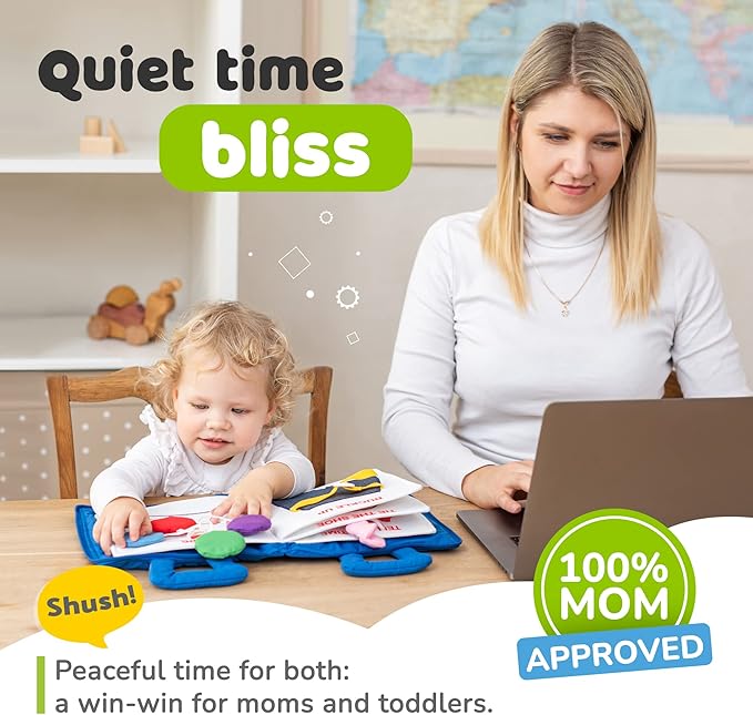 deMoca Busy Book for Toddlers 1–3, Quiet Travel Activity Book for Airplane and Car Rides, My Quiet Book Montessori Toy for 1 Year Old, No Noise Busy Board, Gift for Boys and Girls