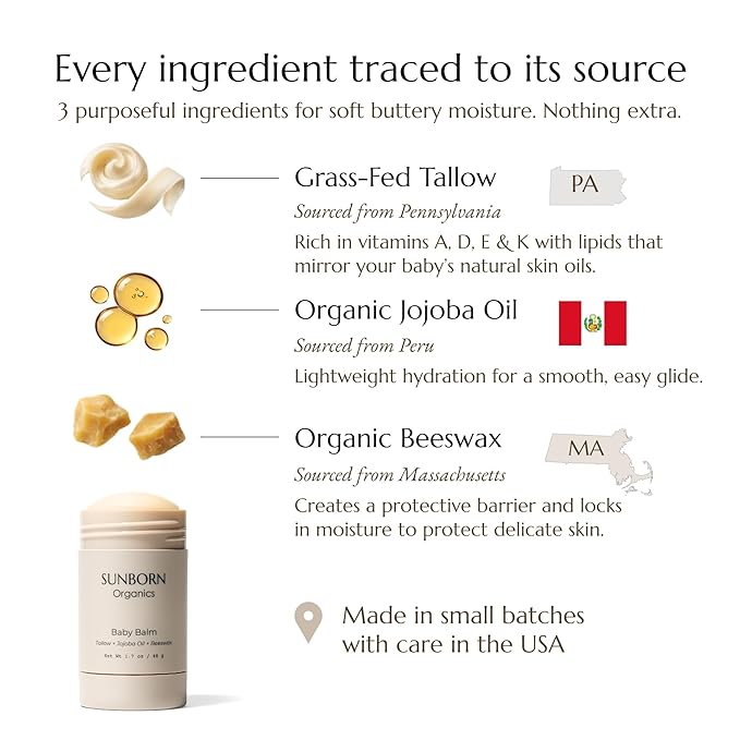 Baby Balm | 3 Natural Ingredient Moisturizing Stick for Eczema Relief, Sensitive Skin & Diaper Rash | Grass-Fed Tallow, Organic Jojoba & Beeswax | Lab Tested Baby-Safe, Made in USA