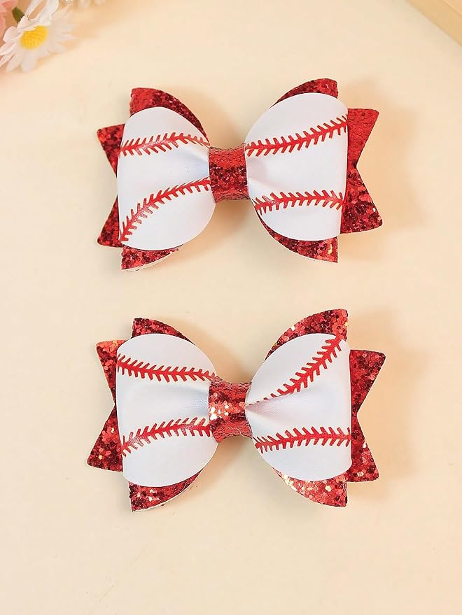 2PCS Baseball Hair Bows with Red Glitter White and Red Leather Sports Theme Hair Accessories Assorted Hair Accessories Alligator Clip for Little Girls Toddler Kids Teens