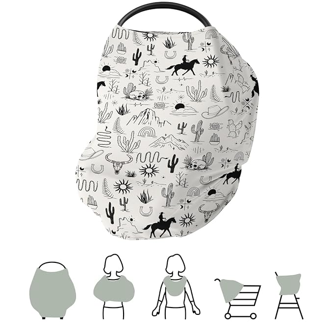 Western Cowboy Car Seat Cover for Babies Wild West Cactus Mountain Snake Cattle Skull Sun Stretchy 5-in-1 Covers Adjustable Car Canopy Breastfeeding Cover Desert Adventure Breathable Nursing Cover-Up