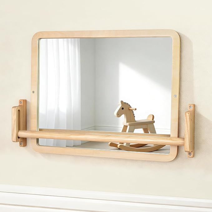 Montessori Mirror with Bar – Adjustable Baby Pull Up Bar, Anti-Rotation Design & Acrylic Safety Baby Mirror for Wall – Tummy Time, Pull to Stand Toys for Infant Toddler Nursery