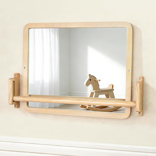 Montessori Mirror with Bar – Adjustable Baby Pull Up Bar, Anti-Rotation Design & Acrylic Safety Baby Mirror for Wall – Tummy Time, Pull to Stand Toys for Infant Toddler Nursery