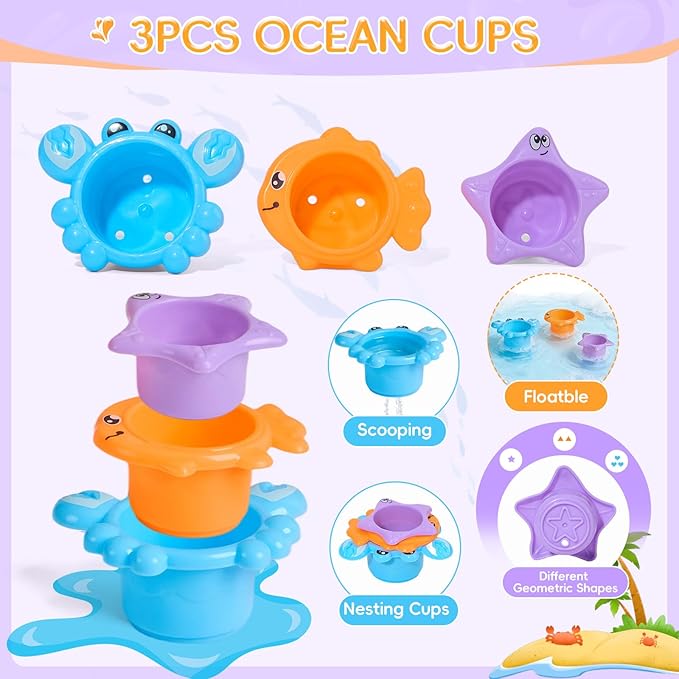 Baby Bath Toys for Kids Ages 1-3, Mold Free Toddler Bath Toys with 3 Stacking Cups & Spinning Wheel and Whale Bath Toy, Variety Bathtub Sand Beach Pool Water Table Toys for 1+ Year Old Boys Girl Gifts