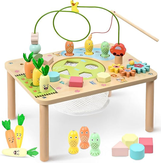 WINGYZ Activity Table, 6 in 1 Wooden Montessori Activity Center with Bead Maze Shape Sorter Fishing Game, Kids Sensory Play Table Toddler Toys 1st Birthday Gifts Boy Girl(Morandi)