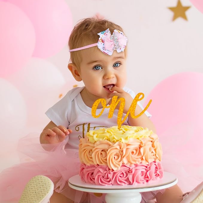 Glitter 1st Birthday Bow Headband for Baby Girls, Her First Birthday Pink Party Dress Photo Decoration Accessories, Cute one year old Princess Happy Birthdays Favor Gift