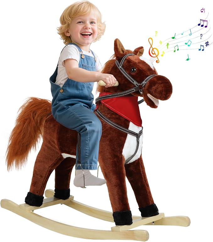 Rocking Horse Toy for Kids Plush Ride on Animal with Wooden Rockers, Moving Mouth and Wagging Tail, Musical Sounds, Baby Rocking Chair, 120kg Weight Capacity, Ages 1-6 Dark Brown Middle