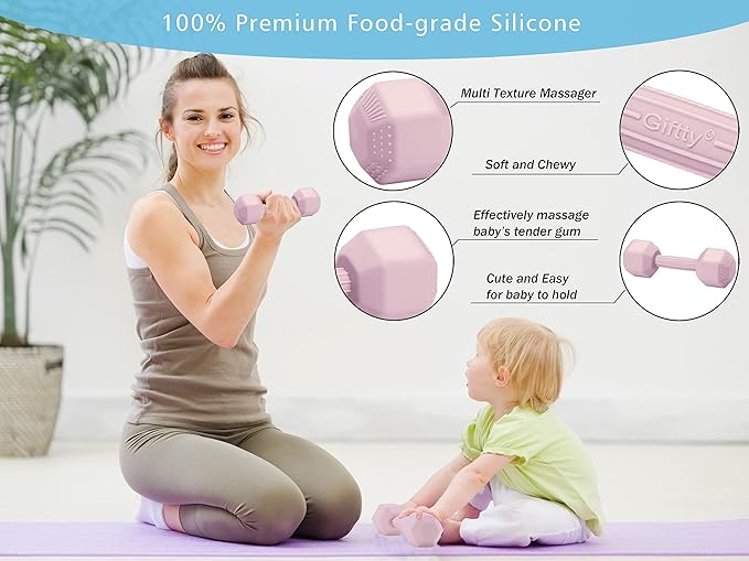 Giftty Baby Dumbbell Infant Rattle Silicone Teething Toy Teether Infants Toddler Sensory Toy Exercises Weight - Made of 100% Food-Grade Silicone, Safe for Baby Boys and Girls (1pcs 4.8oz - Blue)