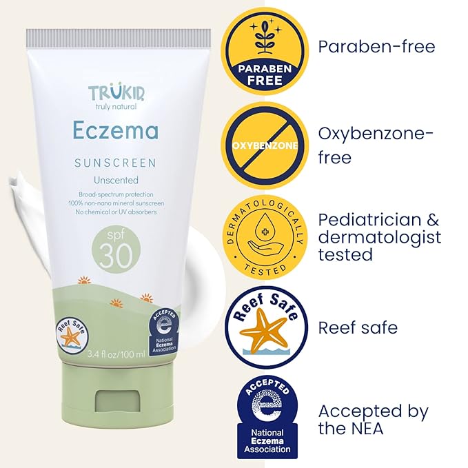 TruKid Eczema Mineral Sunscreen SPF 30 - All Natural Kids & Baby Sunscreen for Face & Body, Zinc Oxide Broad Spectrum Protection for Delicate Skin, Unscented, FSA Eligible, Travel Size 3.4oz