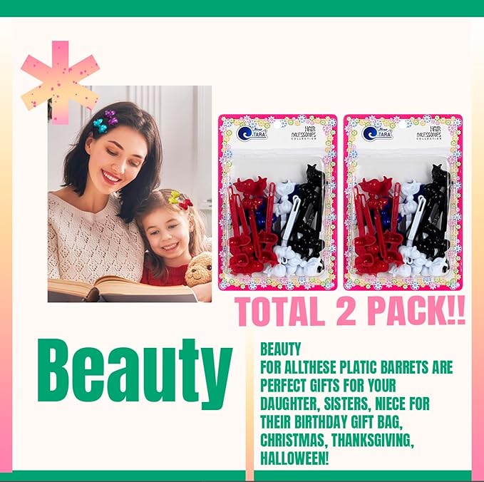 Classics Self Hinge Hair Barrettes for Girls Plastic Hair Barrettes for Baby bow Girl Barrettes 80s 90s Bow Cartoon Design Hair Pins for Baby Girls Toddlers total 40 count (RED BLACK WHITE)
