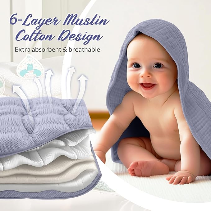 Hahafelt 6 Pcs Muslin Hooded Bath Towels Washcloths and Bibs Set, Muslin Cotton Baby Towels Absorbent Hooded Blanket Towel Infant Bibs for Boys Girls Newborn Infant Essential(Light Blue, Light Green)