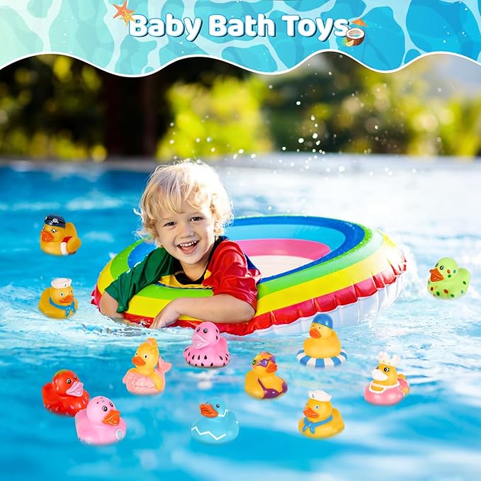 24Pack Summer Rubber Ducks with a Bag, Summer Duck for Jeeps, Assorted Beach Toys for Pool, Duckies Games, Party Favors, Birthday Gifts, Classroom Incentives, Baby Kids Swimming Pool Water Bath Toys