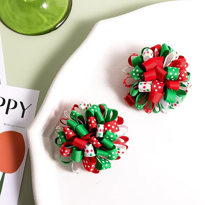 Christmas Hair Bows Clip Girls Red White Green Ribbon Stripe Polka Dot Cheer Bow Korker Curly Flower Ball Hairbow Alligator Barrette Pins Kids Xmas Holiday Decor Accessory Gift
