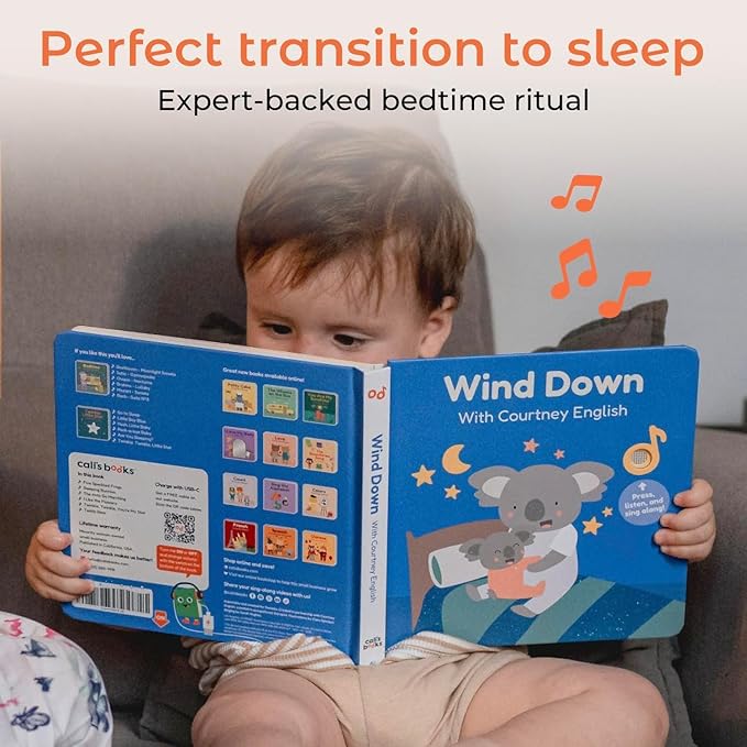 Cali’s Books Wind Down – USB-C Rechargeable Baby Book for Toddlers 1-3, Headphone Jack, Expert-Designed Bedtime Musical Book with Gentle Activities and Affirmations for a Calming Nightly Routine