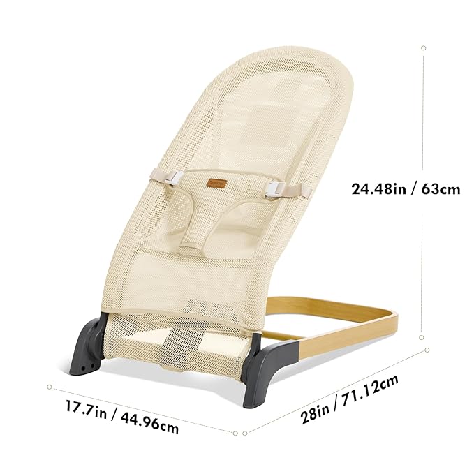 Foldable Baby Bouncer, Baby Bouncer Seat with 3 Adjustable Heights, Portable Newborn Rocker, Ergonomic Bouncer Seat for Natural Bounce, Bouncer for Babies 0-6 Months, Breathable Mesh (Beige)