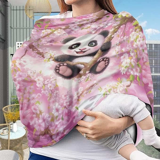 Biyejit Cherry Blossom Panda Baby Car Seat Cover, Infant Carseat Canopy, Nursing Breastfeeding Cover, Stretchy Carrier Covers for Stroller/Shopping Cart, Newborn Registry & Shower Gift for Boys Girls