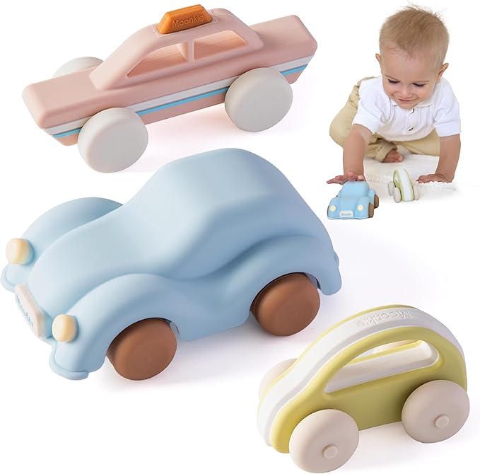 Moonkie Food Grade Silicone Toy Cars for Babies & Toddlers, Push and Go Baby Car Toys 6–12 Months, Hollow Design Infant Toys, Baby Teething Toys 4–6 Months, Birthday Gifts for Boys & Girls, 3 Pack