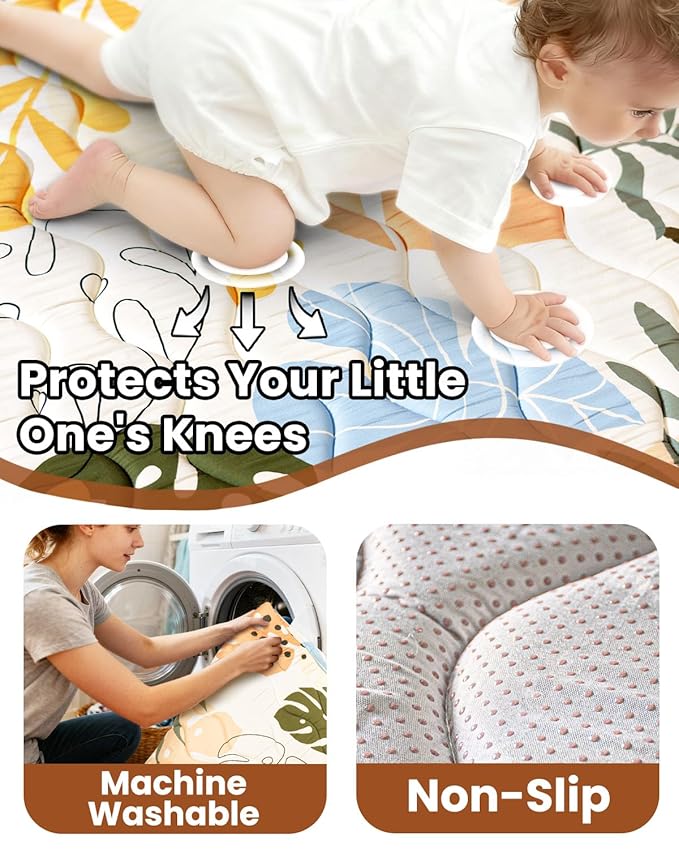 Baby Play Mat for Floor, Portable 50x50 Thickened Foam Playpen Mat, Foldable for Easy to Store, Baby Tummy Time Playmat, Non-Slip, Carring Handle for Outdoor Use(Leaf)