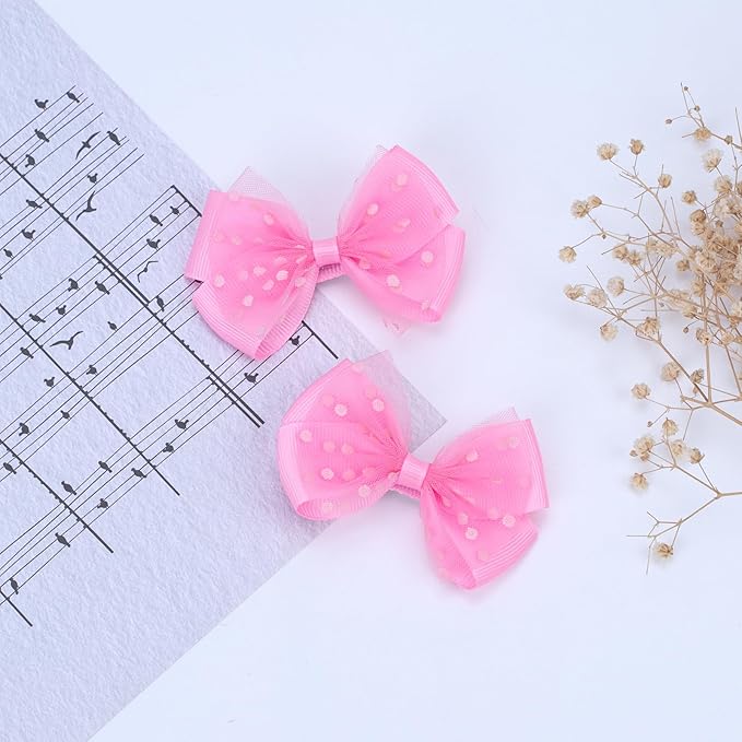 Tiny 3 Inch Dot Organza Double Hair Bow Clips - Cute Lined Boutique Alligator Hairpin for Girls, Toddlers, and Little Teens - Kids Barrettes Set of 2 Small Stylish (Hot Pink)