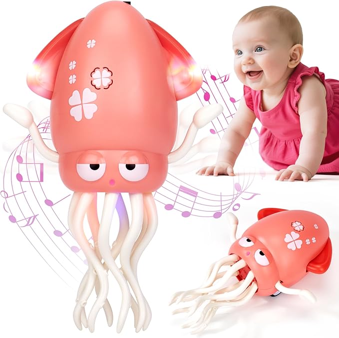 hahaland Tummy Time Toys, Dancing Squid Toy Musical Moving Crawling Baby Toys Developmental Funny Gifts for Babies Rechargeable Electric Octopus Baby Toys 1 Year Old Girl Gifts Easter Basket Stuffers