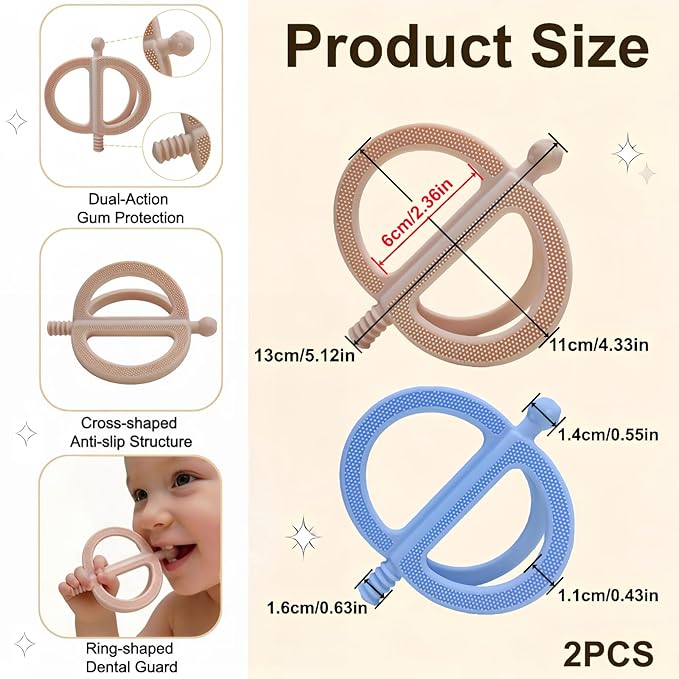 2-Pack Baby Teething Toys, Food Grade BPA-Free Silicone Baby Teether for 3-18 Months, Ring-Shaped Teething Toy for Babies, Multi-Textured Choke-Proof Easy Grip Teether for Infants (Khaki&Blue)