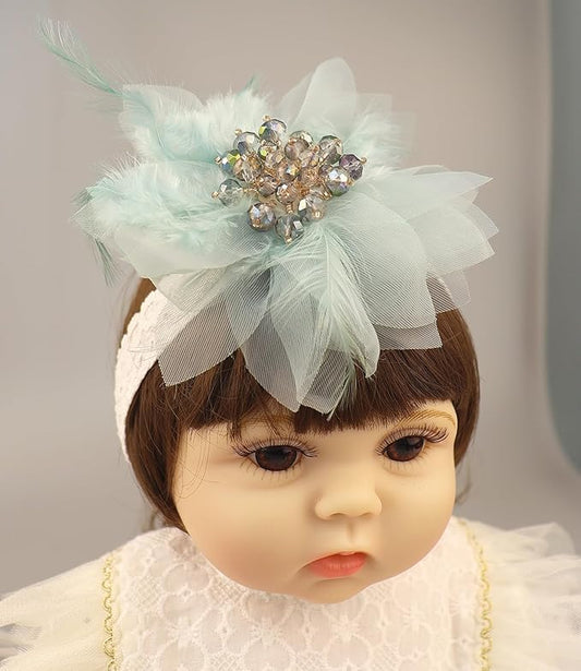 Bethynas Baby Girls Lace Feather Headband Beads Gauze Flower Elastic Toddler Hairband Birthday Party Princess Hair Accessories for Newborn Infant (Green)