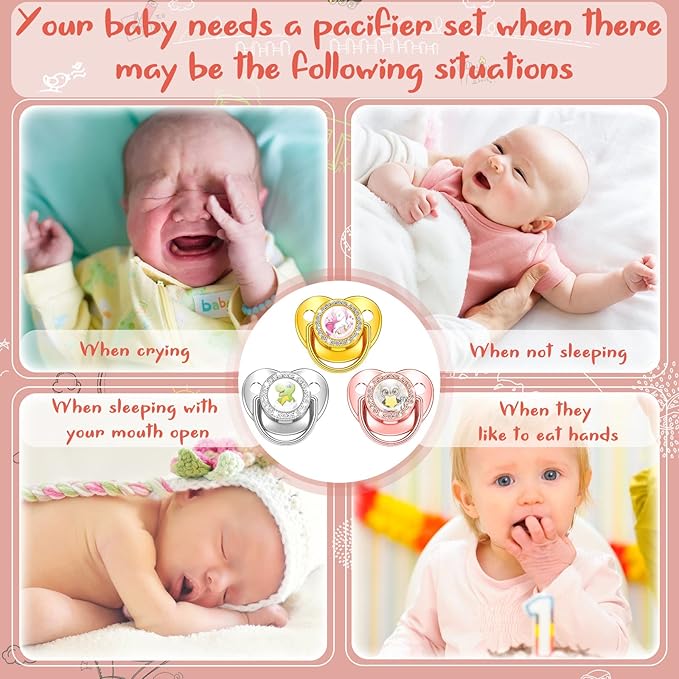 3 Pieces Sublimation Pacifier Set Name Custom Baby Bling Pacifier Clip Glitter Personalized Artificial Crystal Decoration for Girl Boys Baby with Blanks