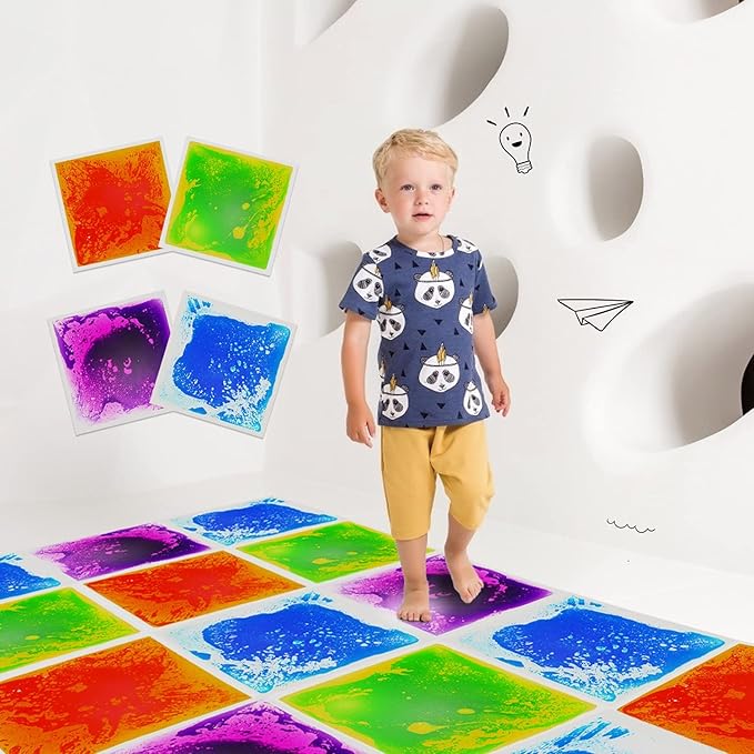 edusense Sensory Liquid Floor Tiles for Kids, Decorative Tiles for Autism, Early Learning Toys, Activity Play Mats with Anti-Slip Backing, Multi-Color Set of 4 Pack 12" x 12"