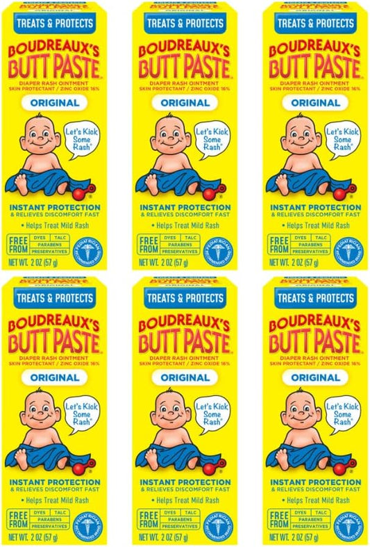 Boudreaux's Butt Paste Original Diaper Rash Cream, Ointment for Baby, 2 oz Tube (Pack of 6)