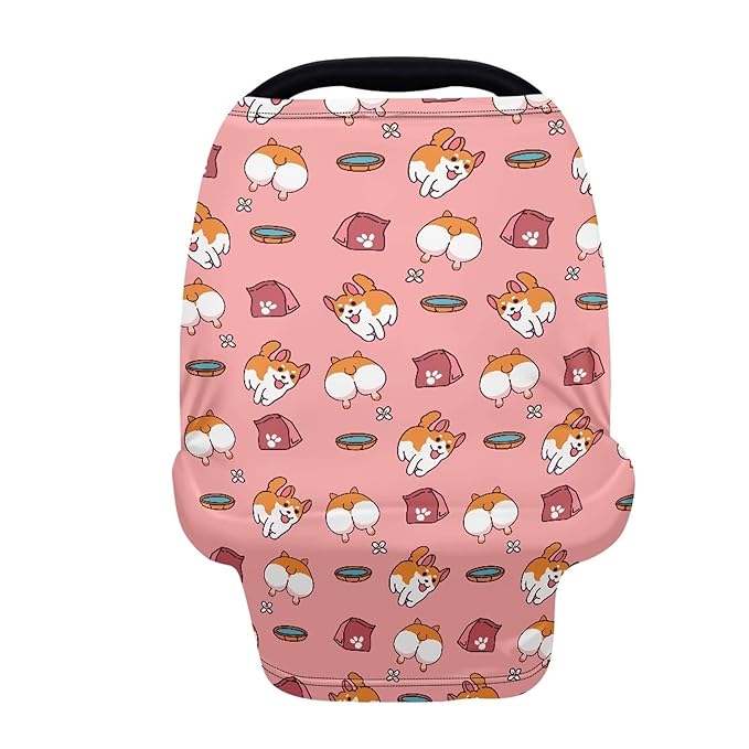 JEOCODY Pink Corgi Dog Print Multi Use Cover Soft Nursing Cover Elastic Carseat Canopy Stroller Cover Shopping Cart Cover
