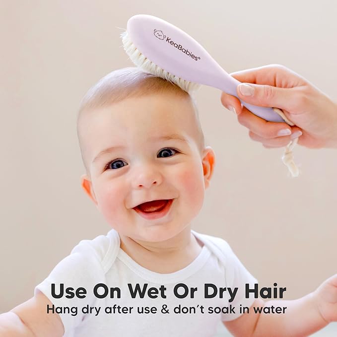 Wooden Baby Hair Brush for Toddler Girls, Boys - Cradle Cap Brush for Babies, Soft Goat Bristles, Perfect Gentle Scalp Newborn Comb for Infant, Girls, Boys, Bath Essentials (Thistle, Regular)