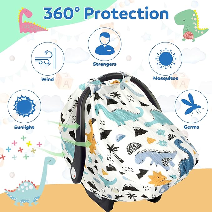 Dinosaurs Carseat Cover Baby Infant Car Seat Canopy Breathable Cotton Extra Large Mesh Window Windproof Newborn Stroller Baby Carrier Cover for Boys and Girls Shower Gifts All Seasons